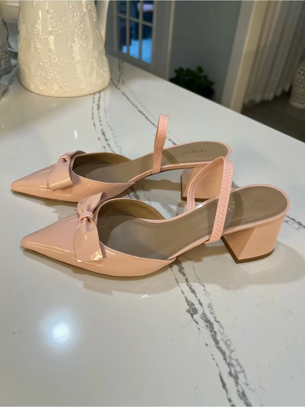 LK Bennett Patent Bow Pointed Slingback Heels in Blush Pink size 37 (6.5)